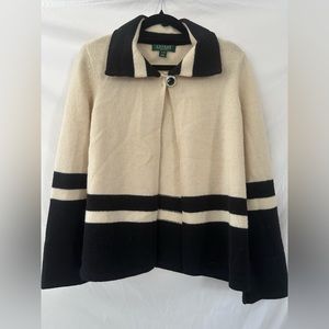 Vintage Ralph Lauren Cream Open Front Lambs Wool Cardigan Sweater Size Medium